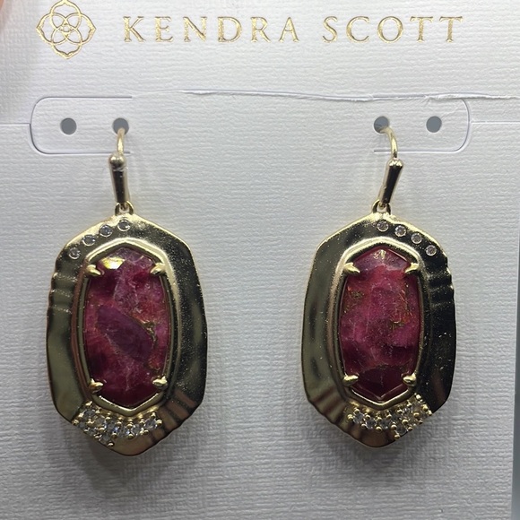 Kendra Scott Anna Drop Gold Bronze Veined Maroon Jade Earrings - Picture 3 of 8